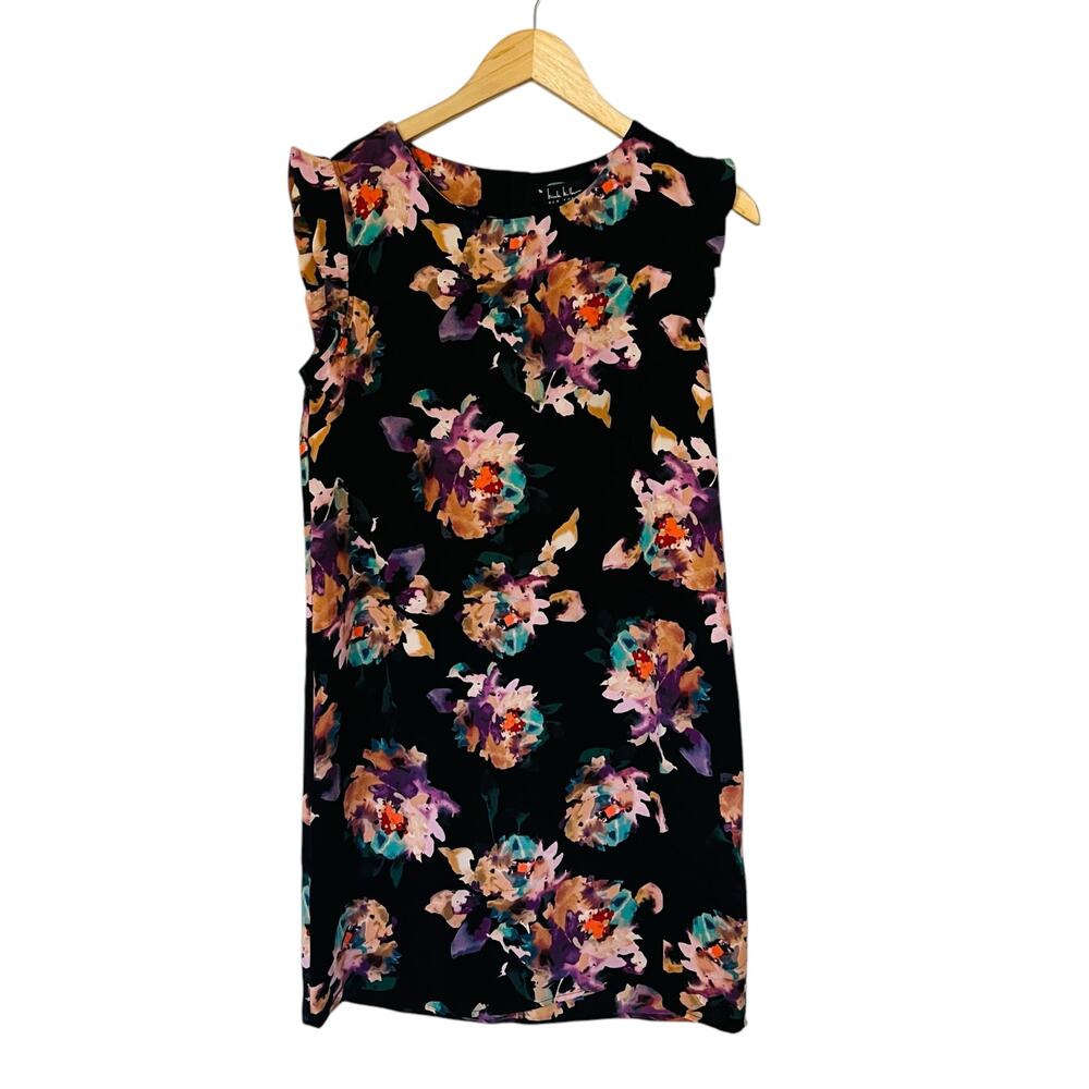 Nicole Miller Floral Ruffle Sleeve Shift Dress Size 6 Black Multi